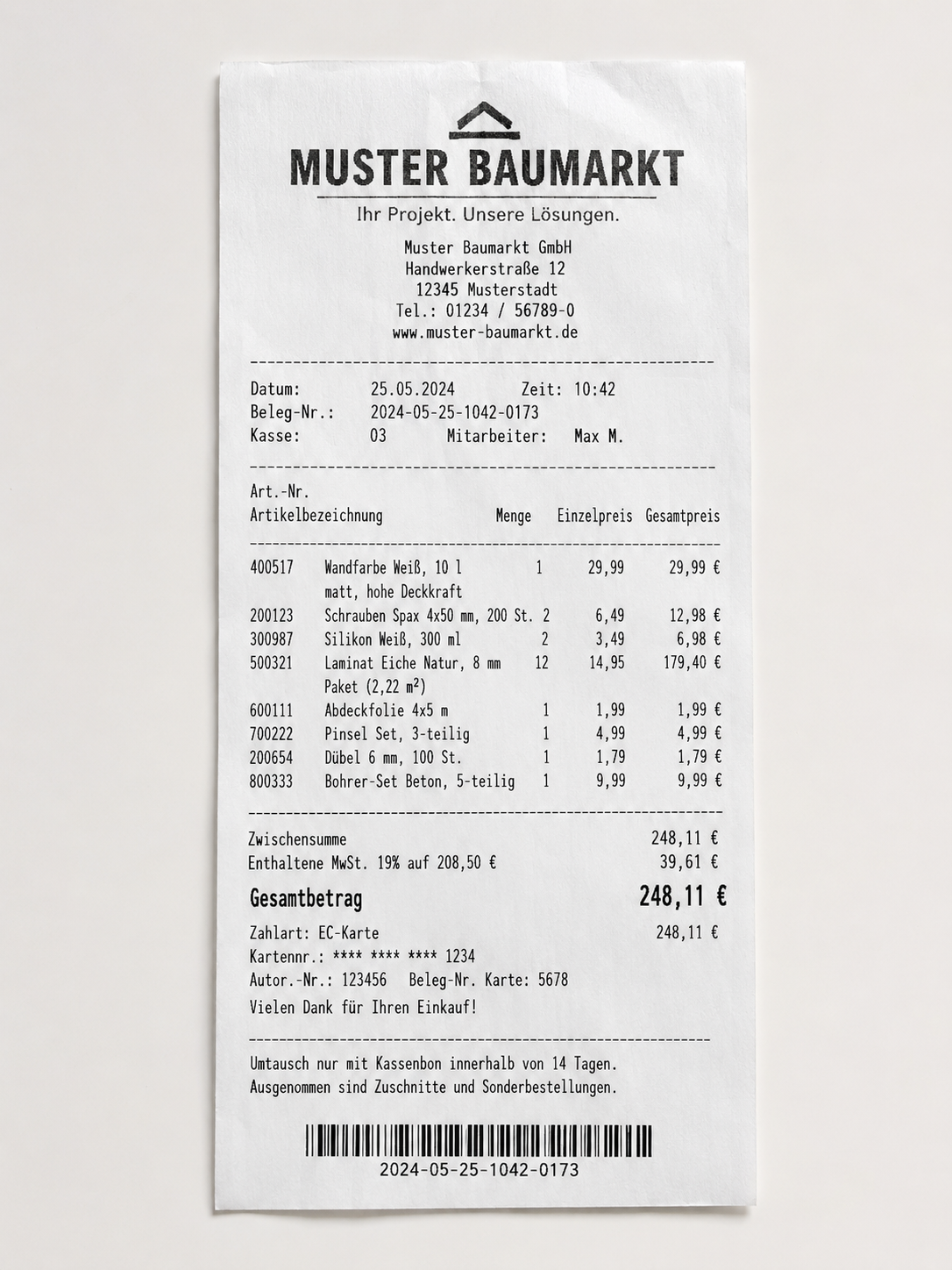 Fiktiver Baumarktbon als Beispiel für einen Beleg in SanierSaldo